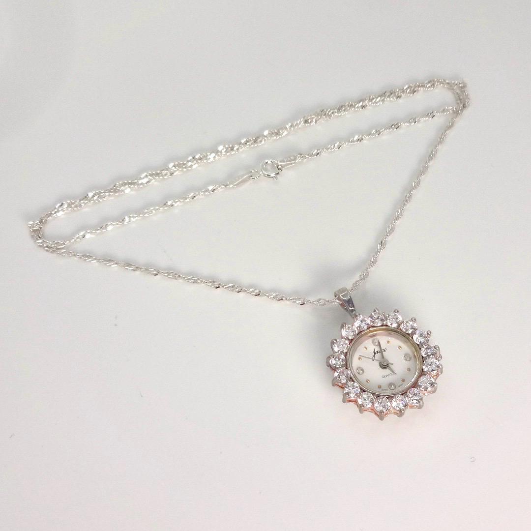 Vintage Watch Necklace 925 Sterling Silver Clear CZ