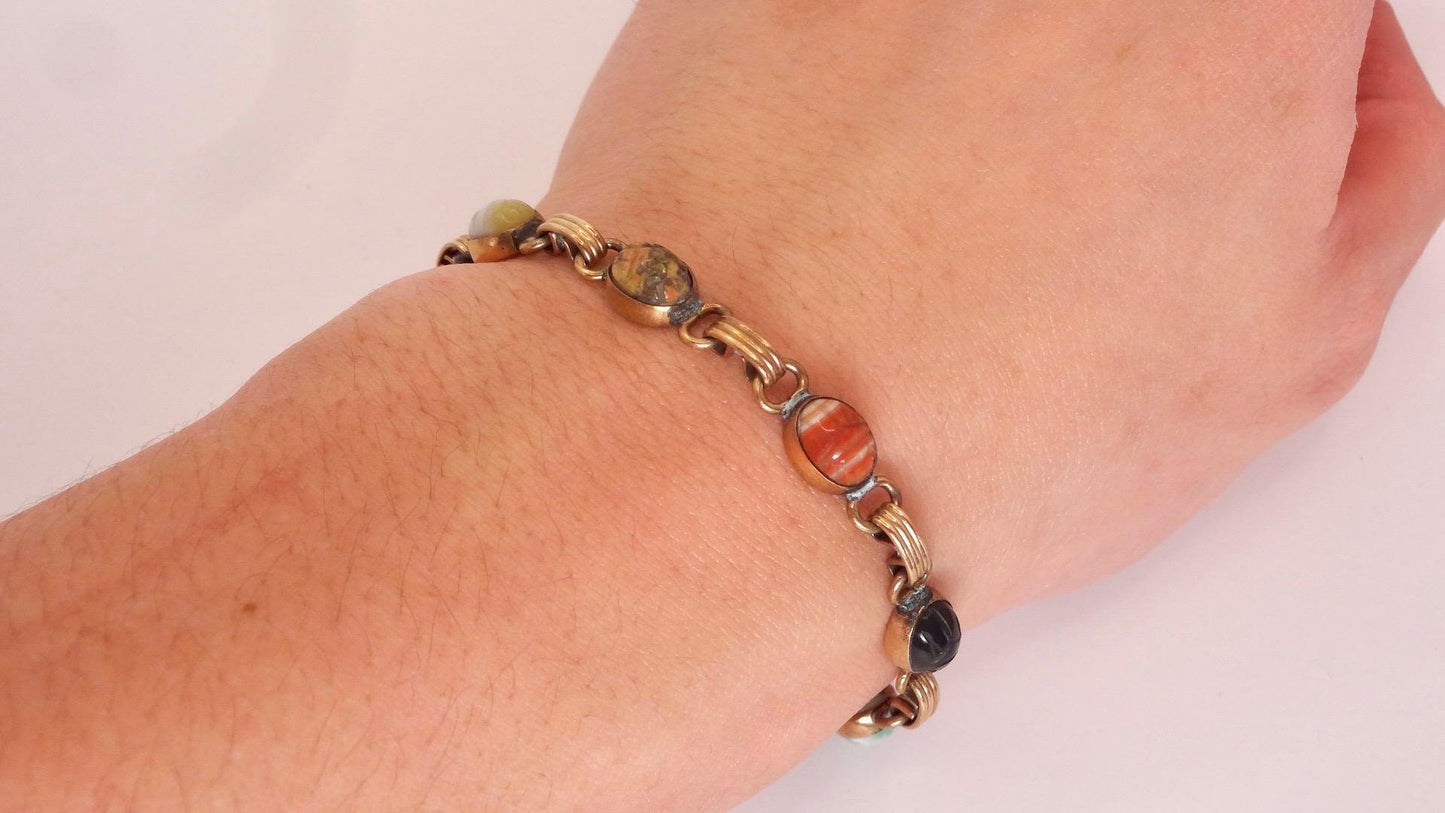 Vintage Scarab Bracelet Gold filled Carved Gemstones