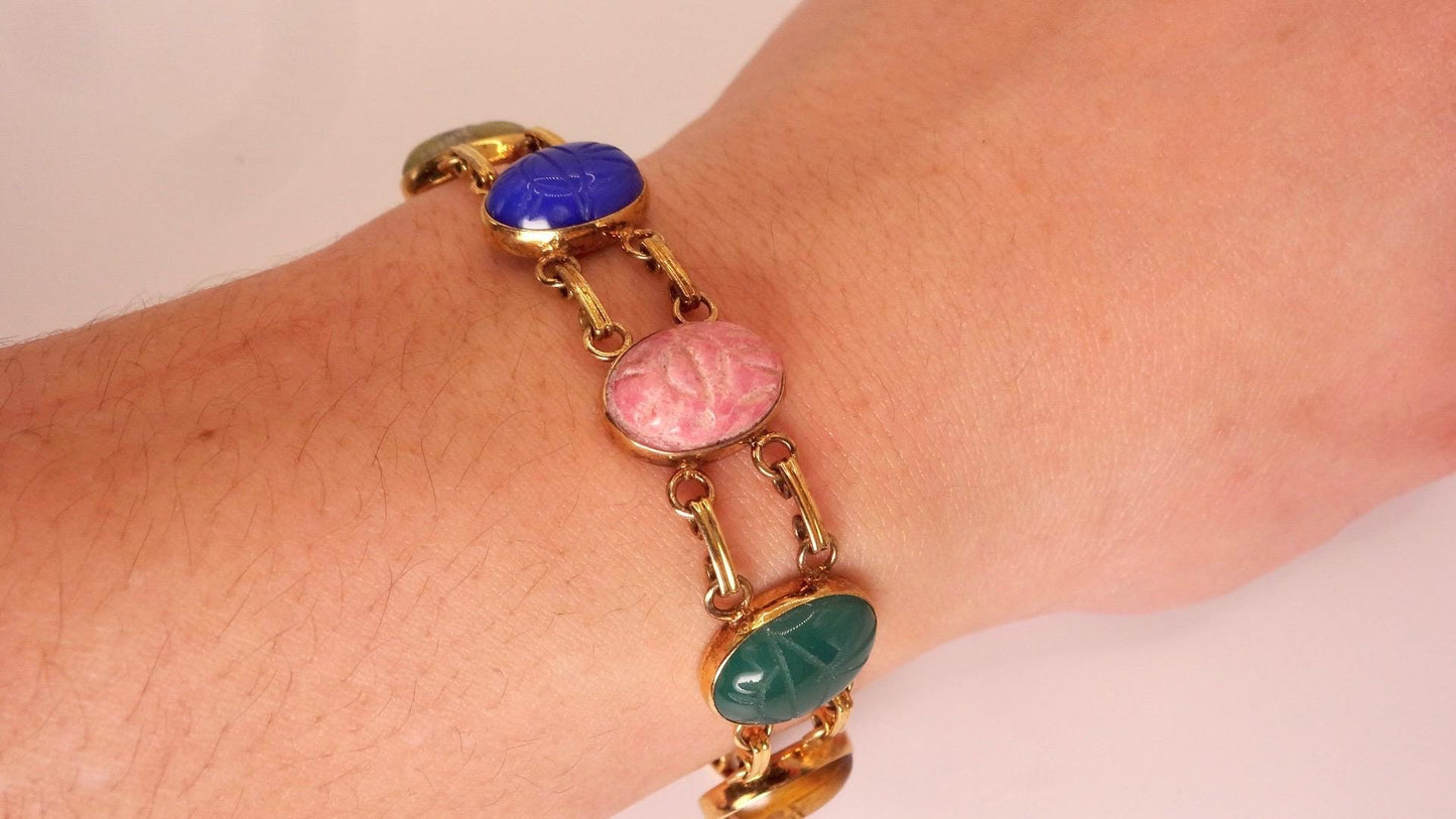 Vintage Scarab Bracelet Gold filled Carved Gemstones