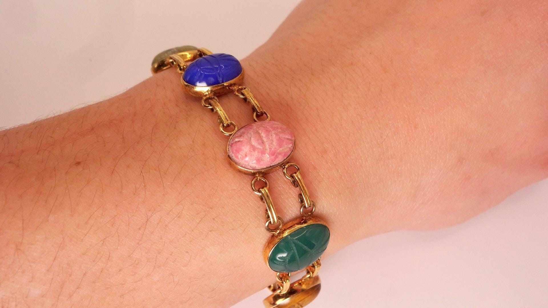 Vintage Scarab Bracelet Gold filled Carved Gemstones