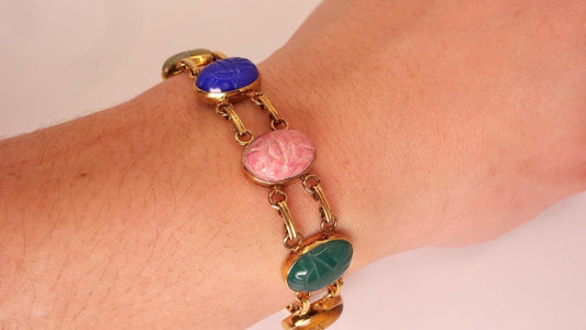 Vintage Scarab Bracelet Gold filled Carved Gemstones