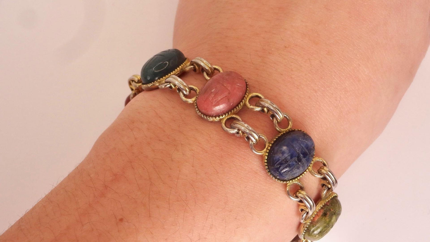 Vintage Scarab Bracelet Gold filled Carved Gemstones