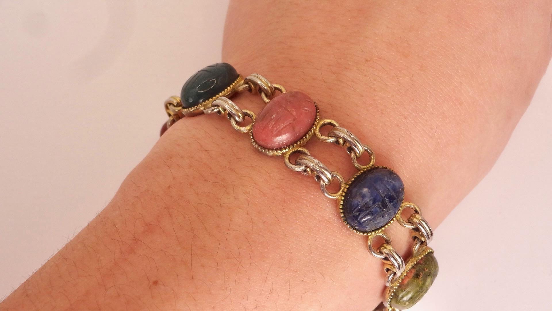 Vintage Scarab Bracelet Gold filled Carved Gemstones