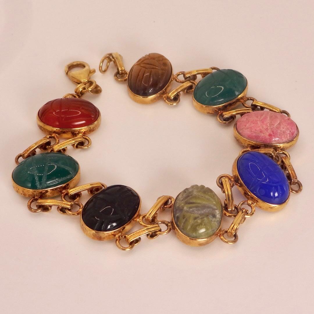 Vintage Scarab Bracelet Gold filled Carved Gemstones