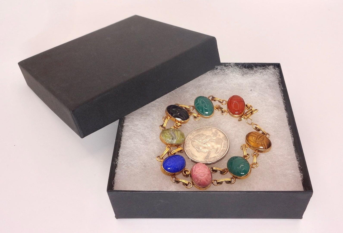Vintage Scarab Bracelet Gold filled Carved Gemstones