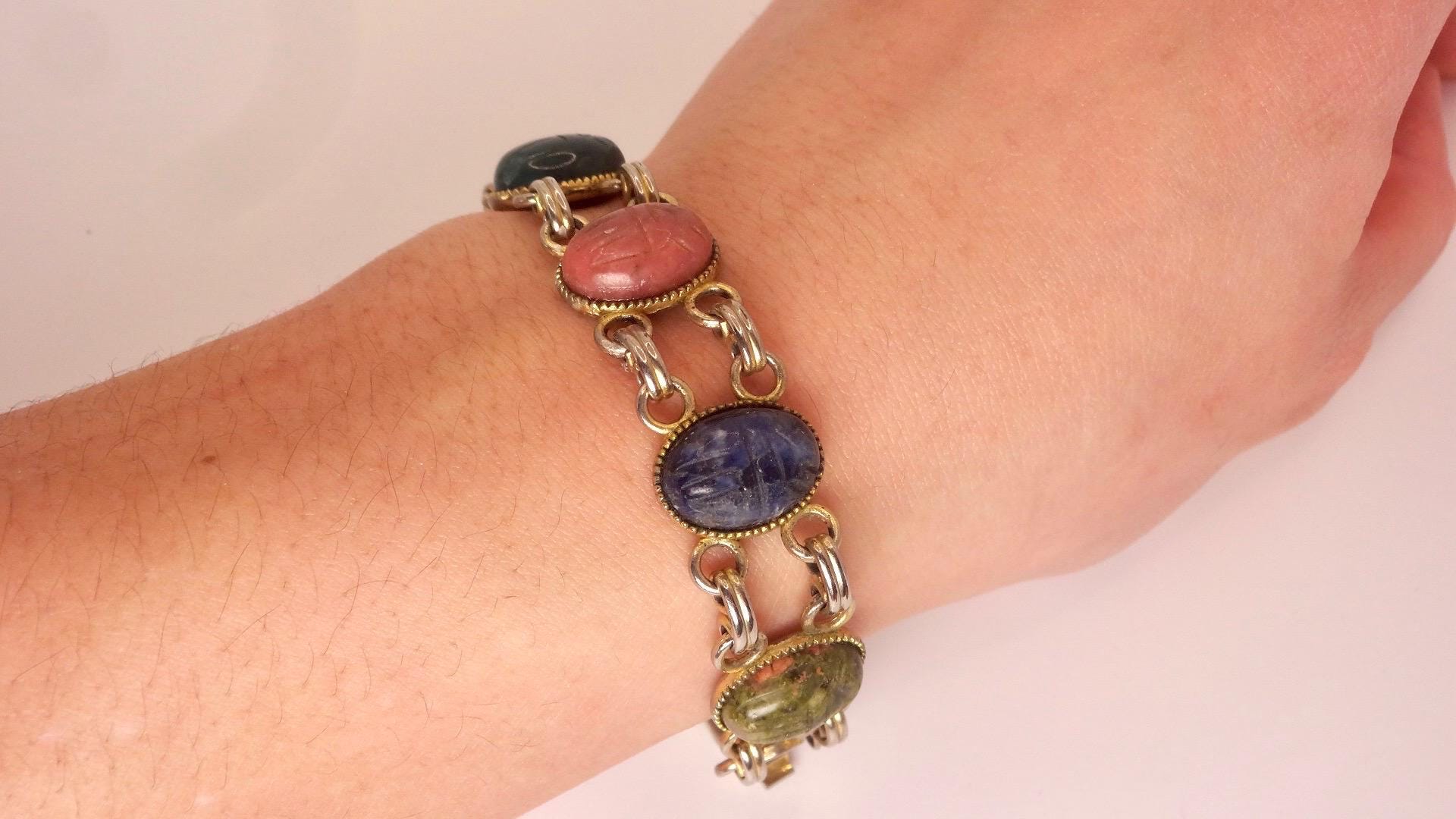 Vintage Scarab Bracelet Gold filled Carved Gemstones