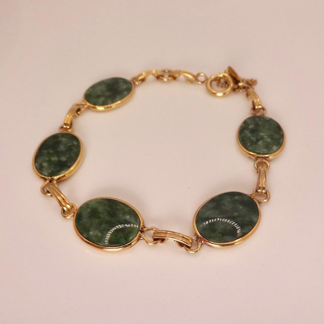 Vintage Green Jade Bracelet Golden Bronze