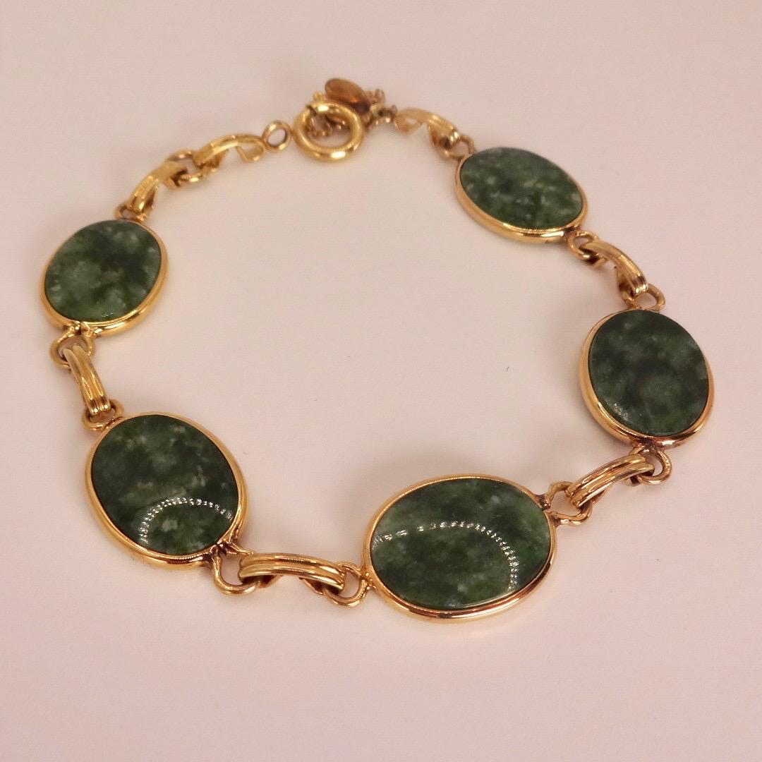 Vintage Green Jade Bracelet Golden Bronze
