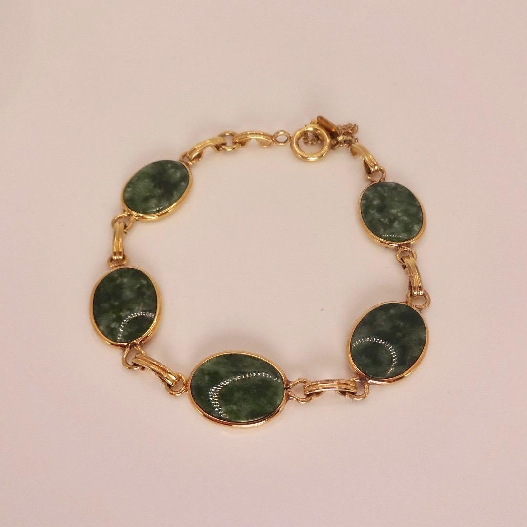 Vintage Green Jade Bracelet Golden Bronze
