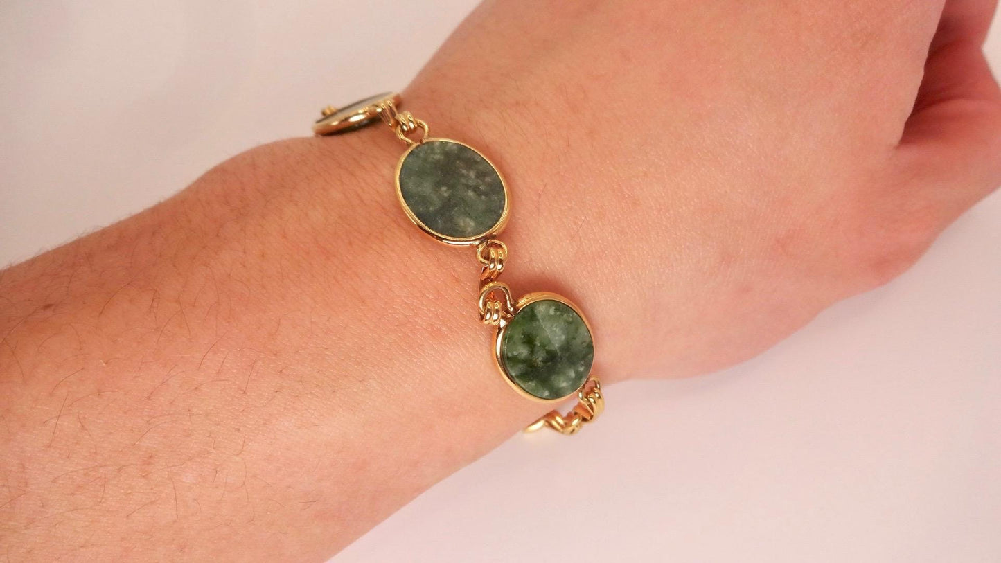 Vintage Green Jade Bracelet Golden Bronze