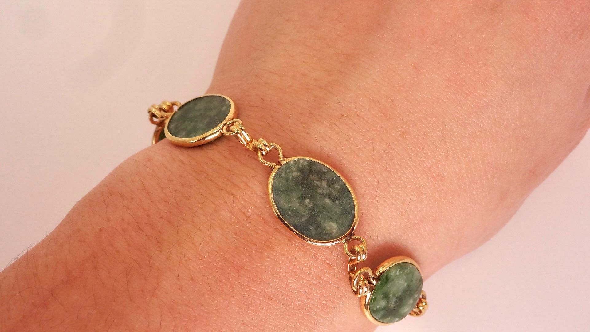 Vintage Green Jade Bracelet Golden Bronze