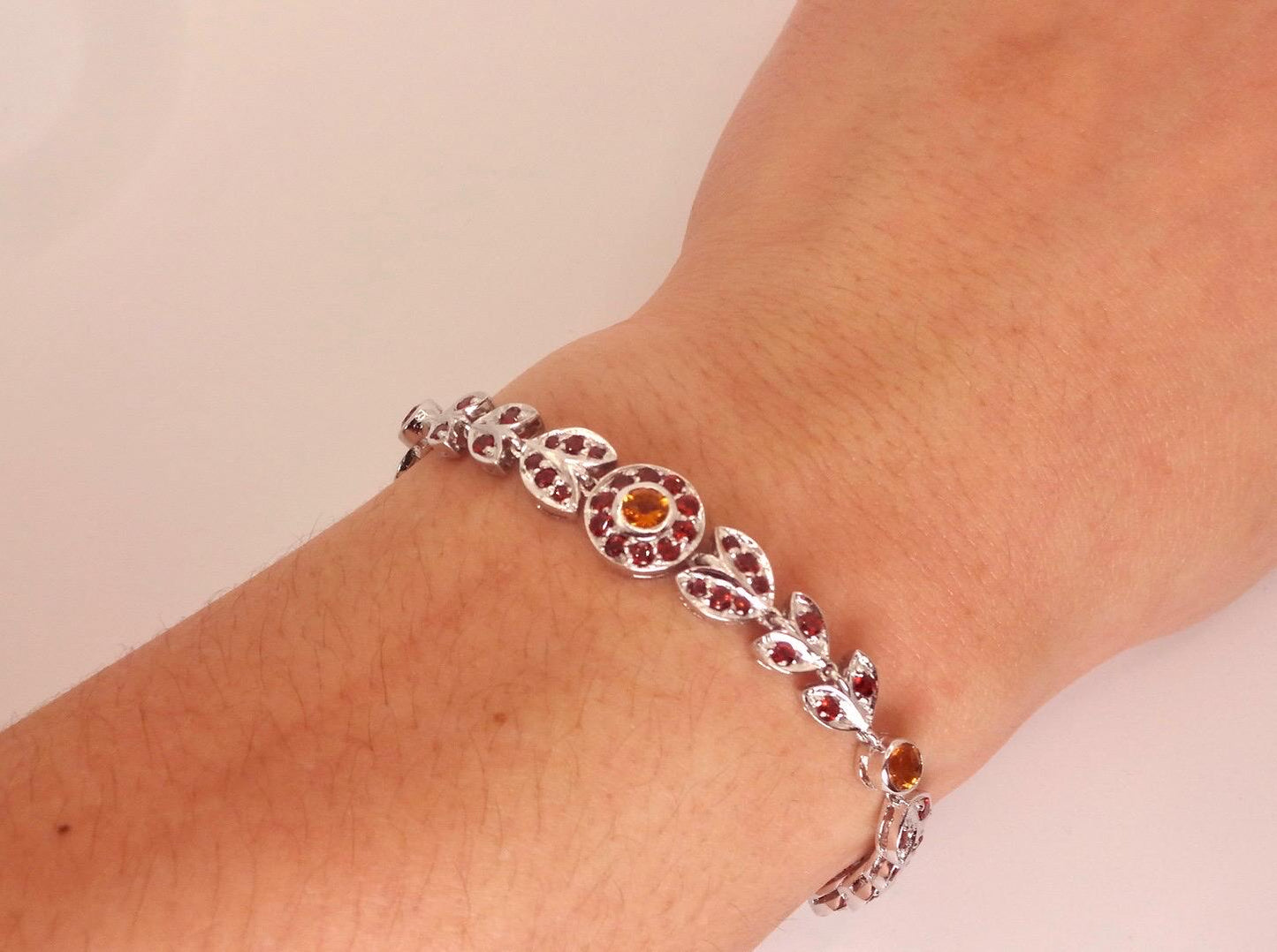 Vintage Handmade Genuine Citrine and Garnet 925 Sterling Silver Bracelet