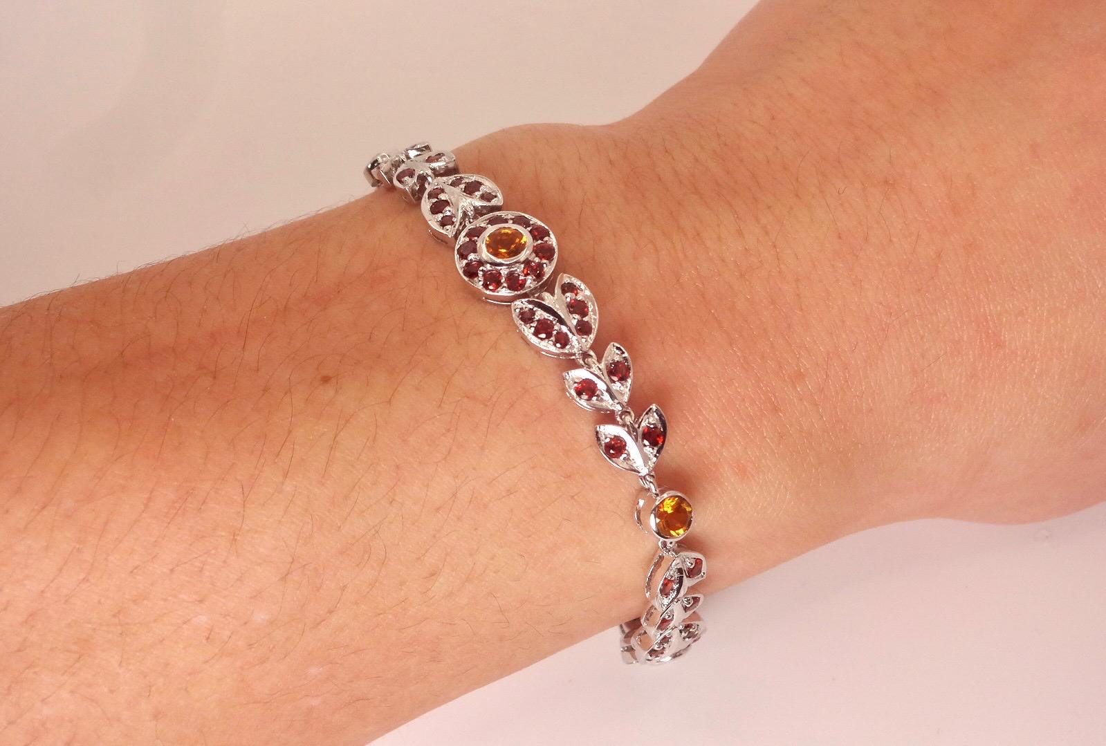 Vintage Handmade Genuine Citrine and Garnet 925 Sterling Silver Bracelet