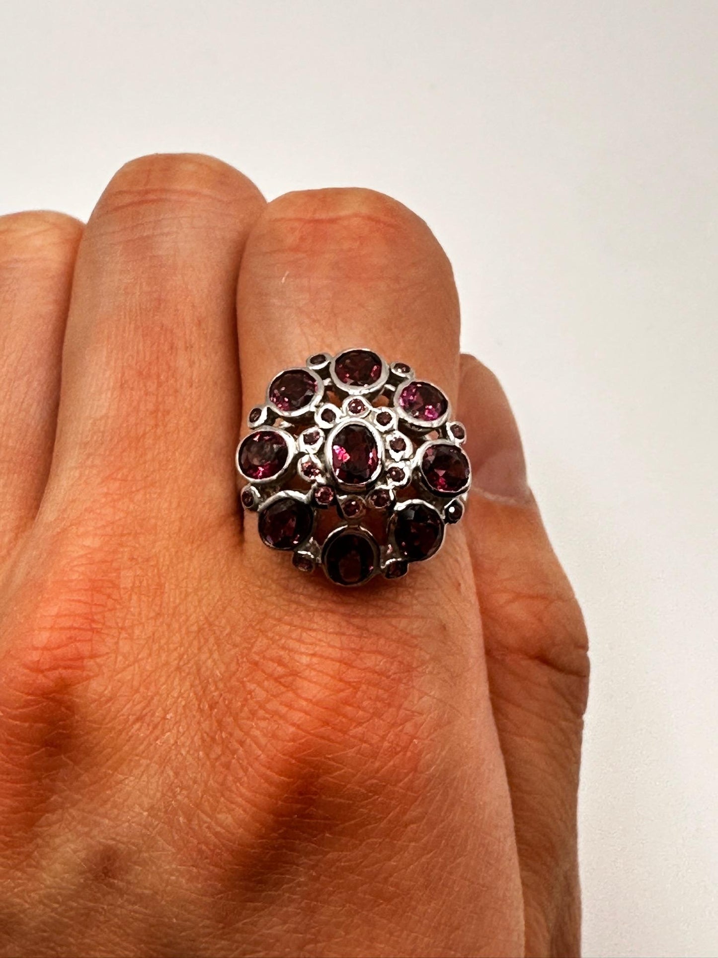 Vintage Red Tourmaline Flower 925 Sterling Silver Cocktail Ring