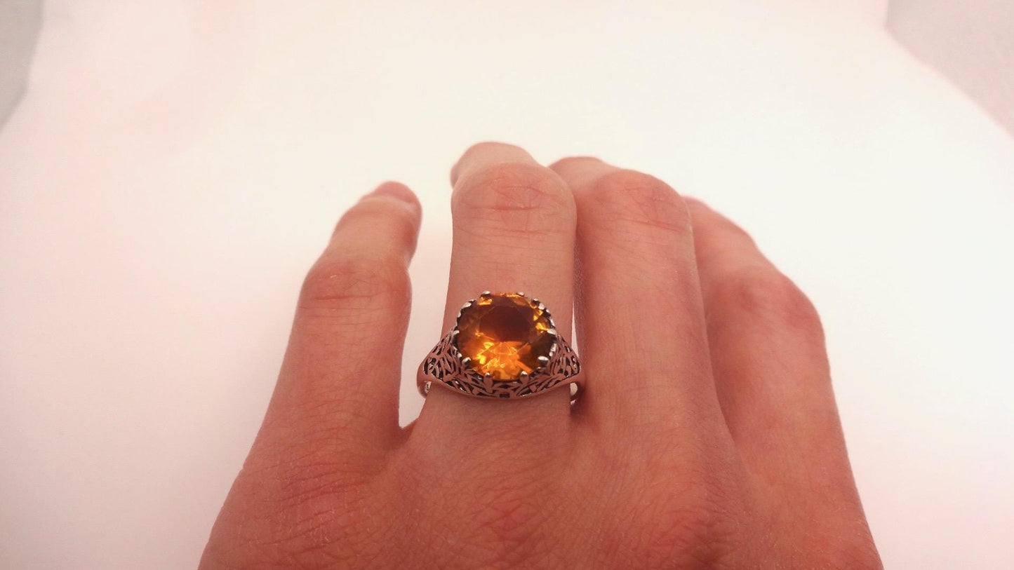 Vintage Golden Citrine 925 Sterling Silver Cocktail Ring