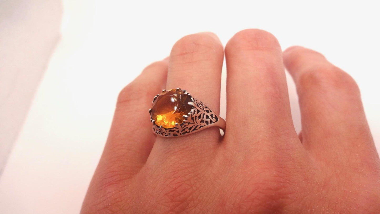 Vintage Golden Citrine 925 Sterling Silver Cocktail Ring