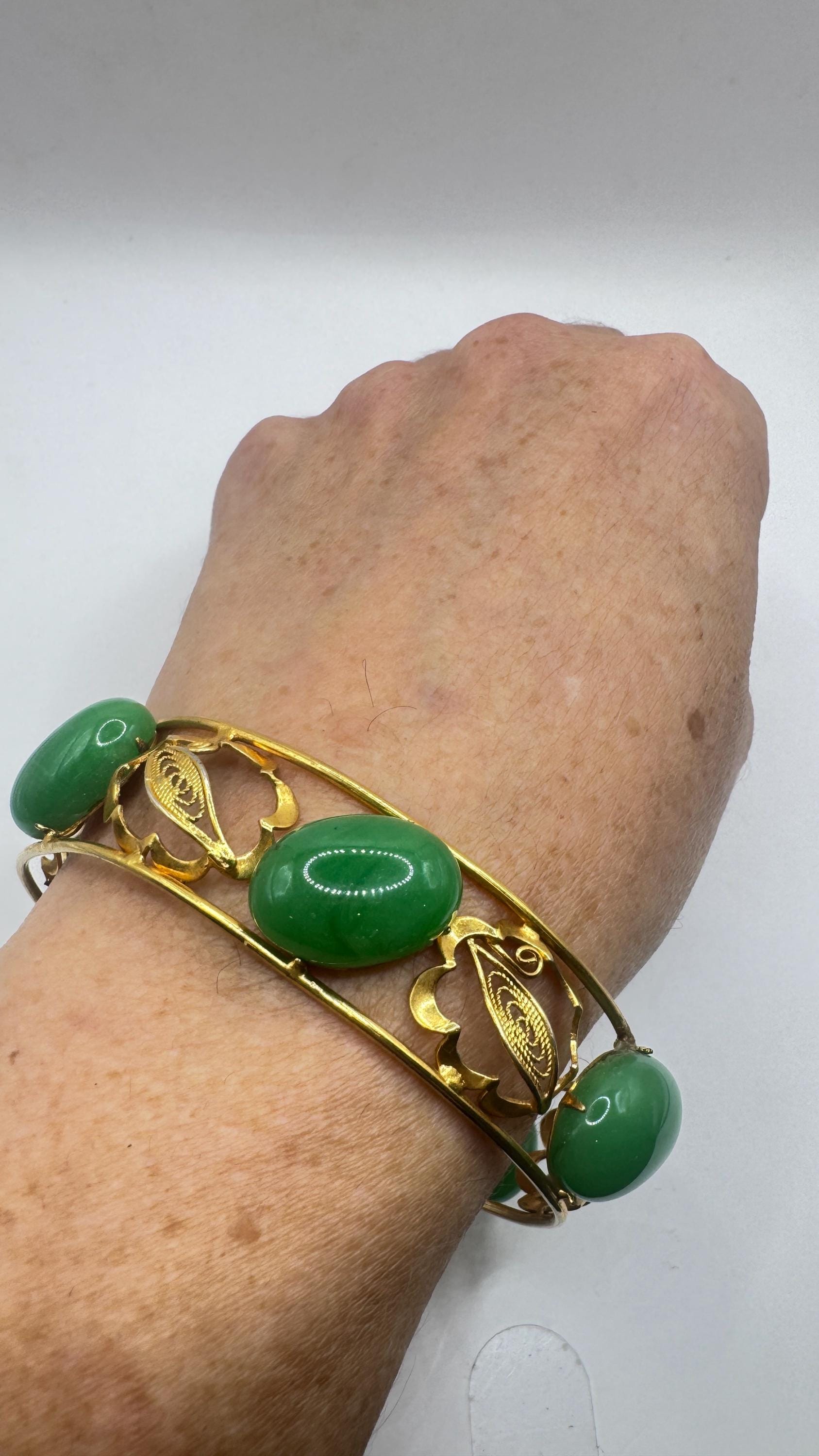 Vintage Green Jade Bangle Bracelet Gold filled Cuff