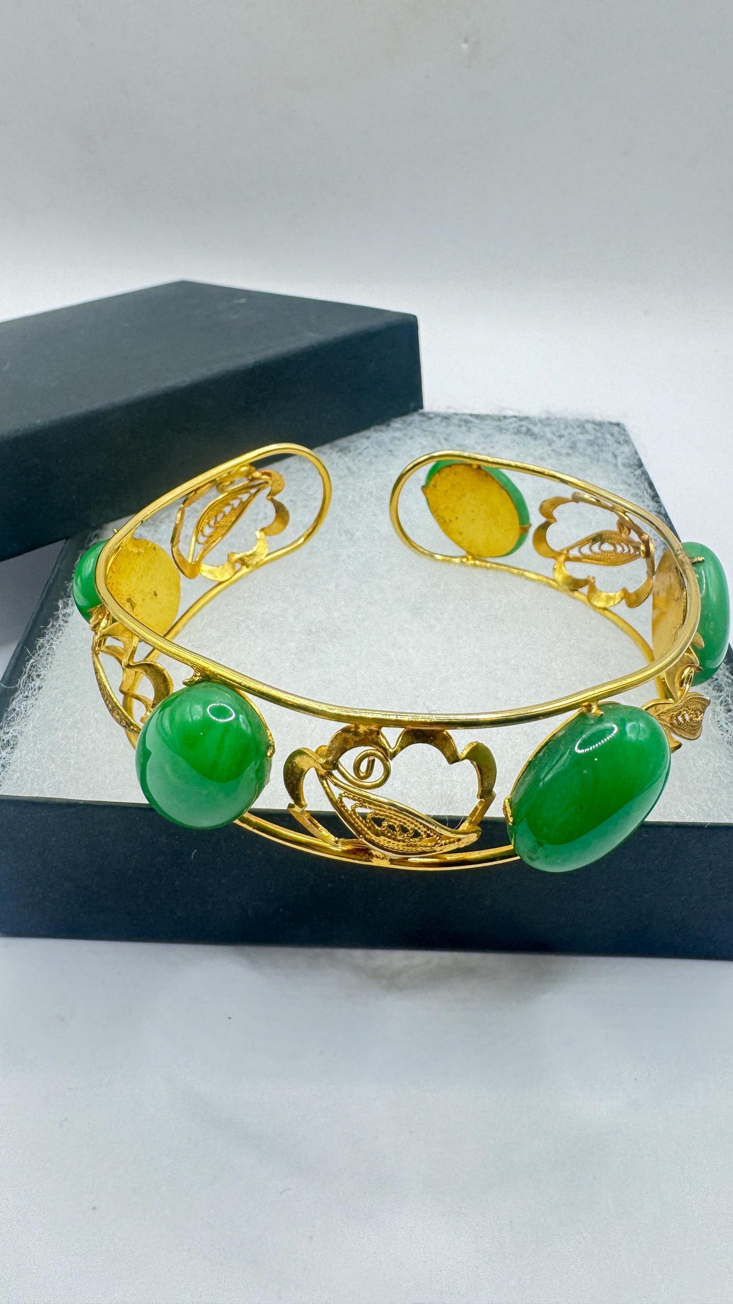 Vintage Green Jade Bangle Bracelet Gold filled Cuff
