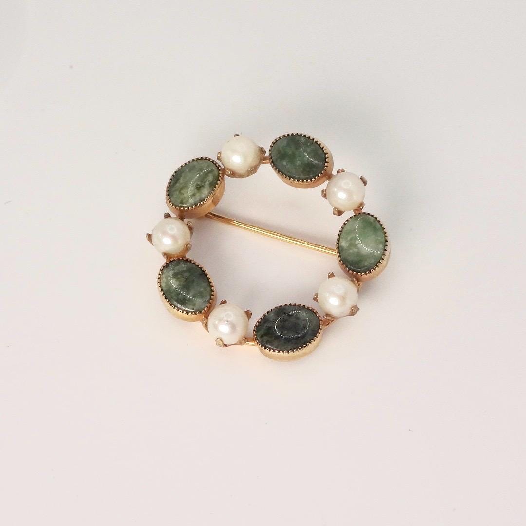 Vintage Green Jade Yellow Gold Filled Brooch Pin