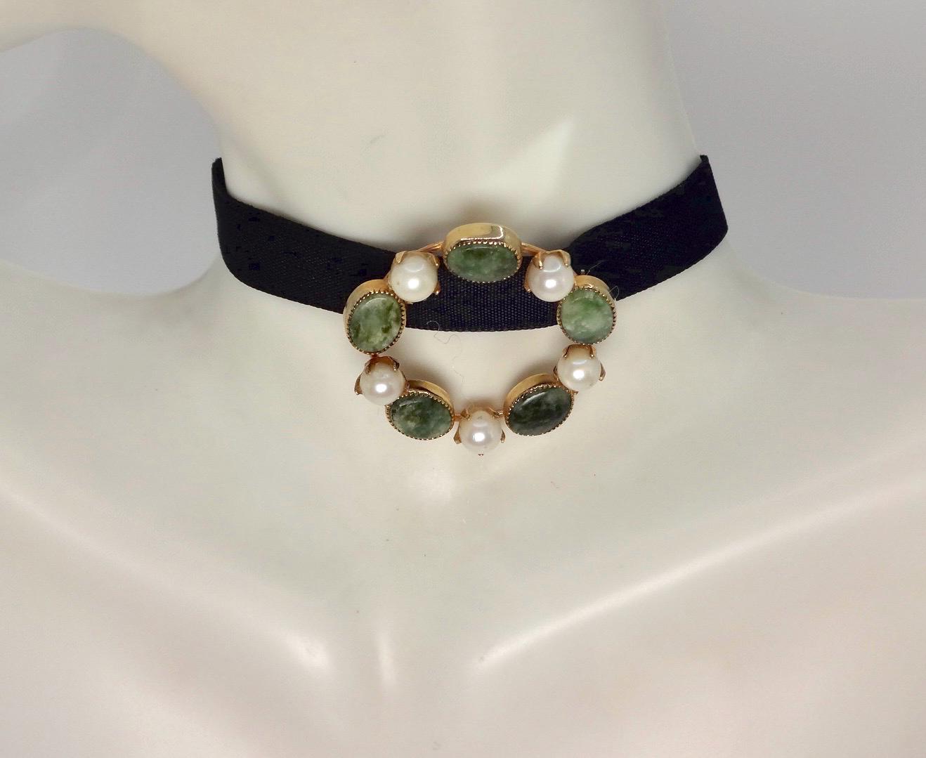 Vintage Green Jade Yellow Gold Filled Brooch Pin