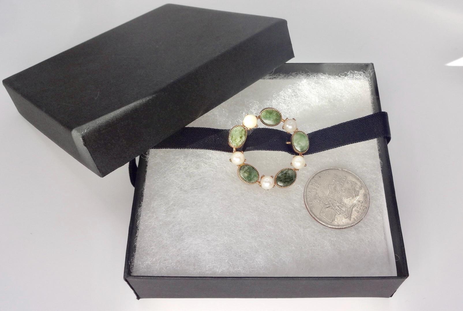 Vintage Green Jade Yellow Gold Filled Brooch Pin