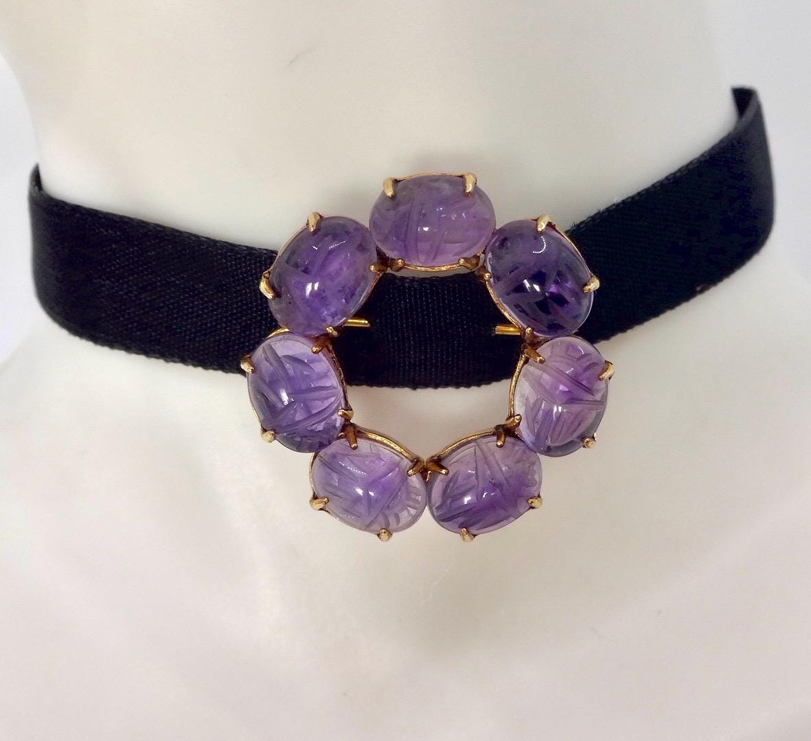 Vintage Purple Amethyst Scarab Gold Filled Brooch Pin