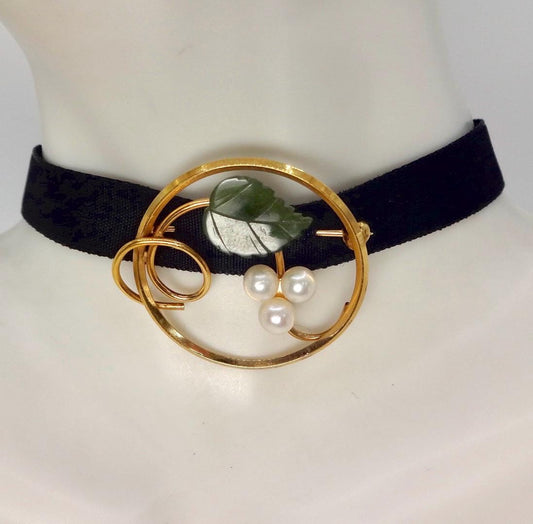 Vintage Green Jade Pearl Gold Filled Brooch Pin