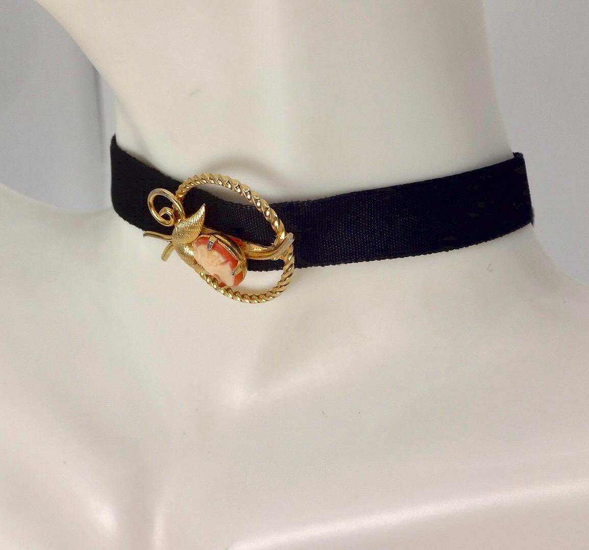 Vintage Shell Cameo Yellow Gold Filled Brooch | Pin Black Velvet Choker