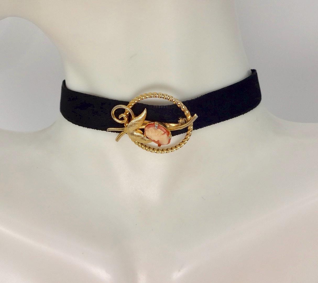 Vintage Shell Cameo Yellow Gold Filled Brooch | Pin Black Velvet Choker
