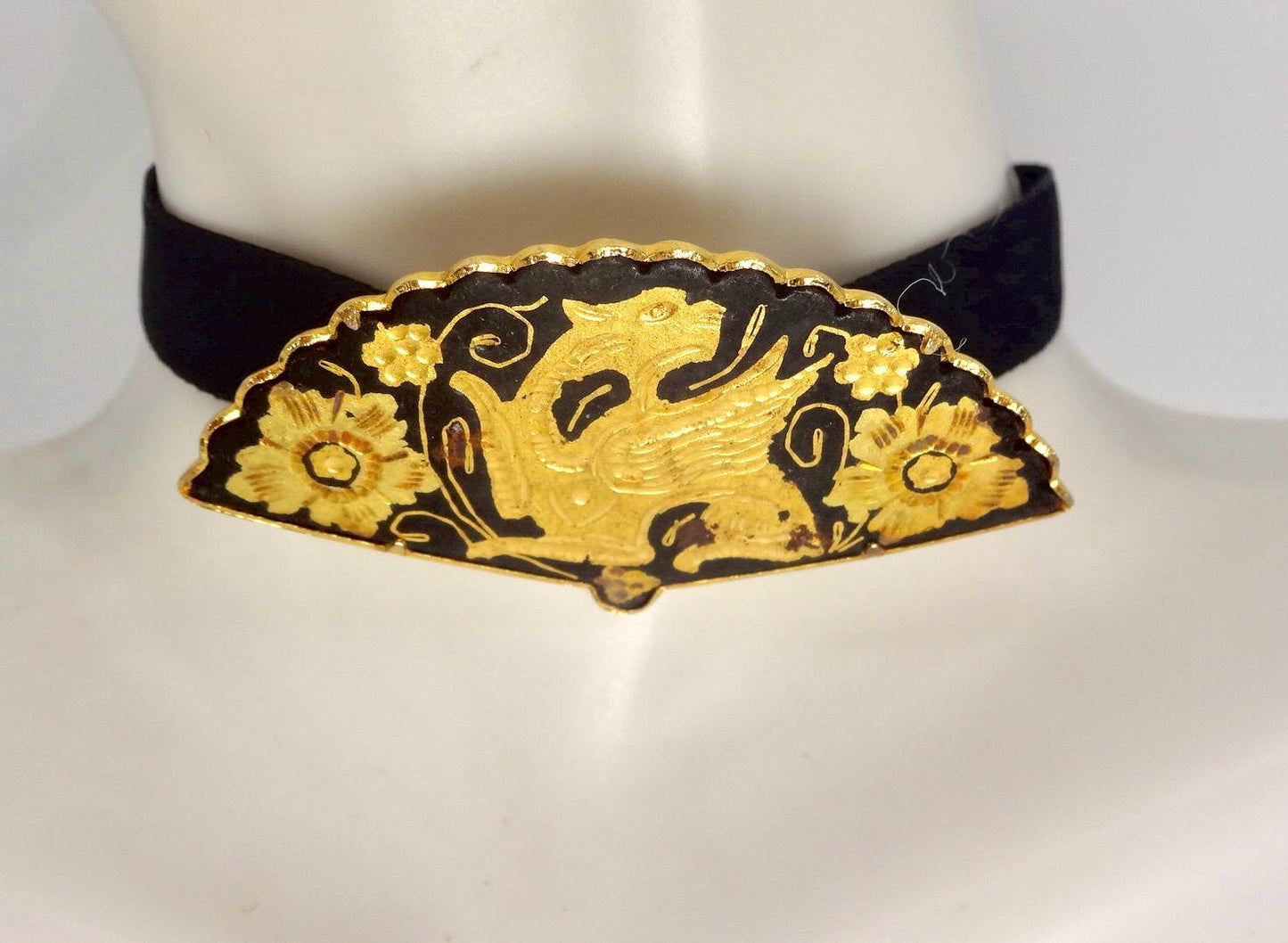Vintage Gold Damascine Choker, Gold Filled Pendant Brooch