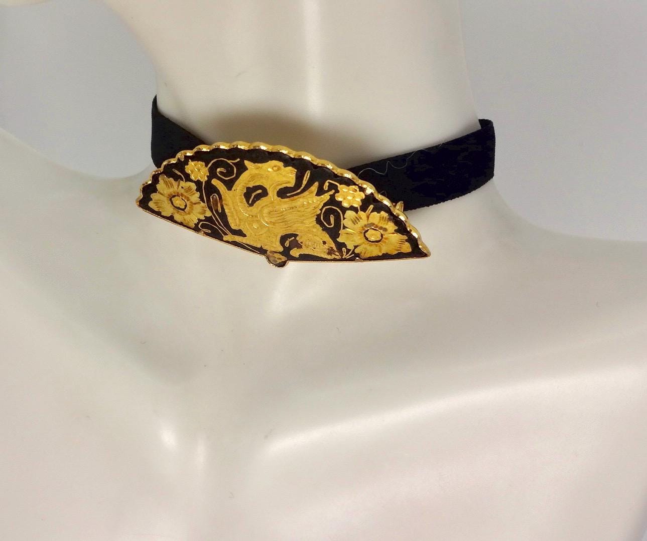 Vintage Gold Damascine Choker, Gold Filled Pendant Brooch
