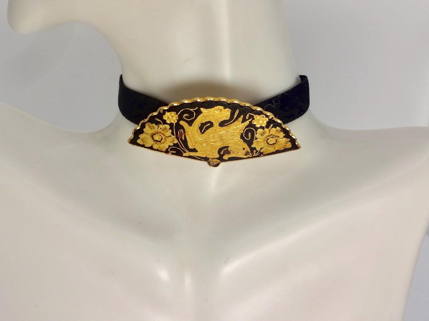Vintage Gold Damascine Choker, Gold Filled Pendant Brooch