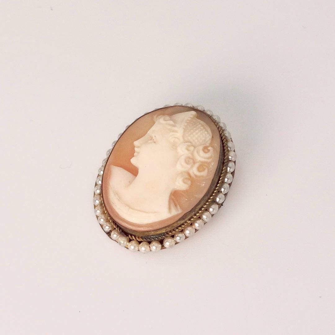Vintage Shell Cameo Gold Fill Necklace Choker Pin Brooch