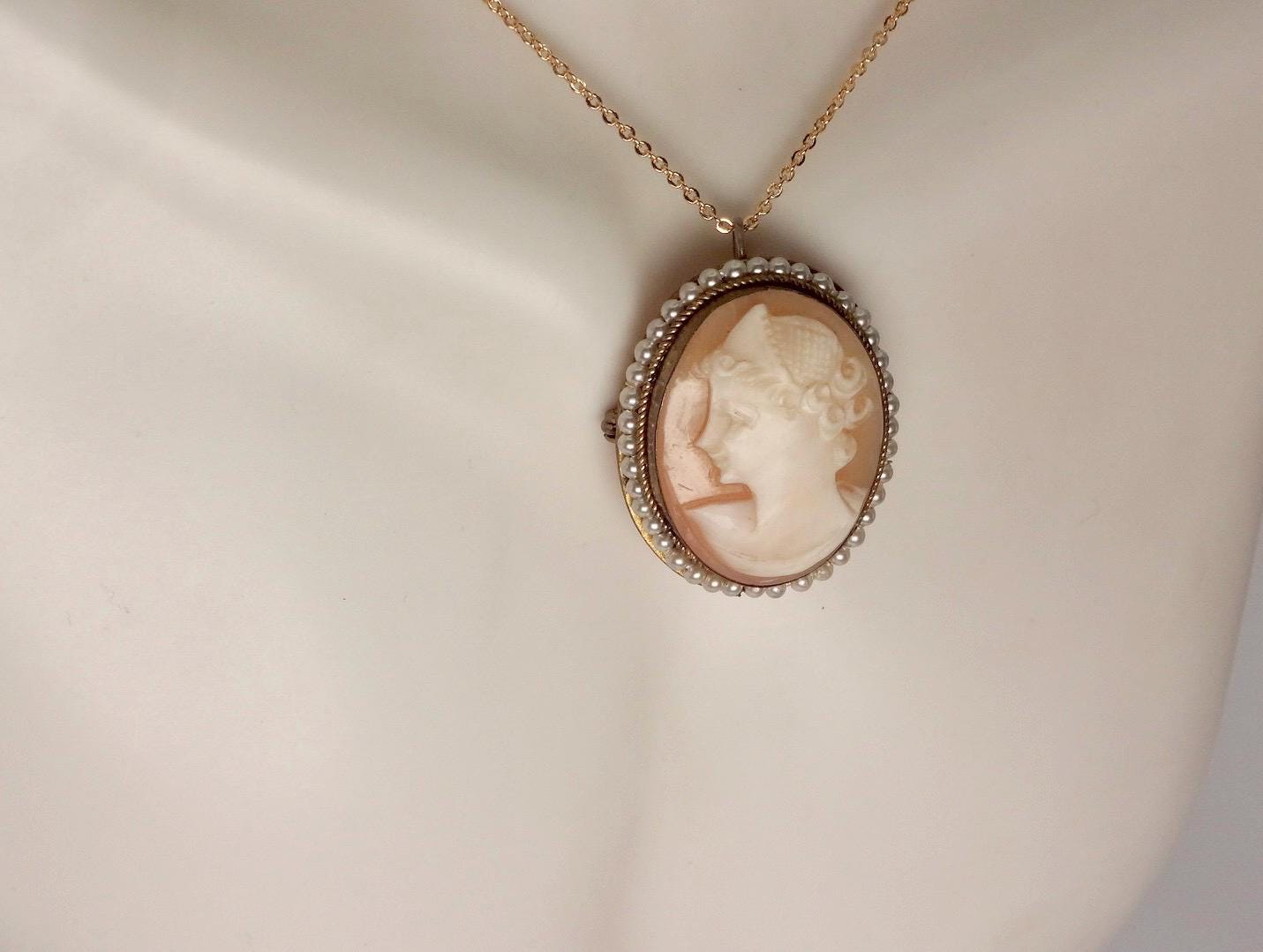 Vintage Shell Cameo Gold Fill Necklace Choker Pin Brooch