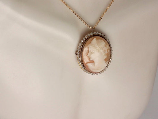 Vintage Shell Cameo Gold Fill Necklace Choker Pin Brooch