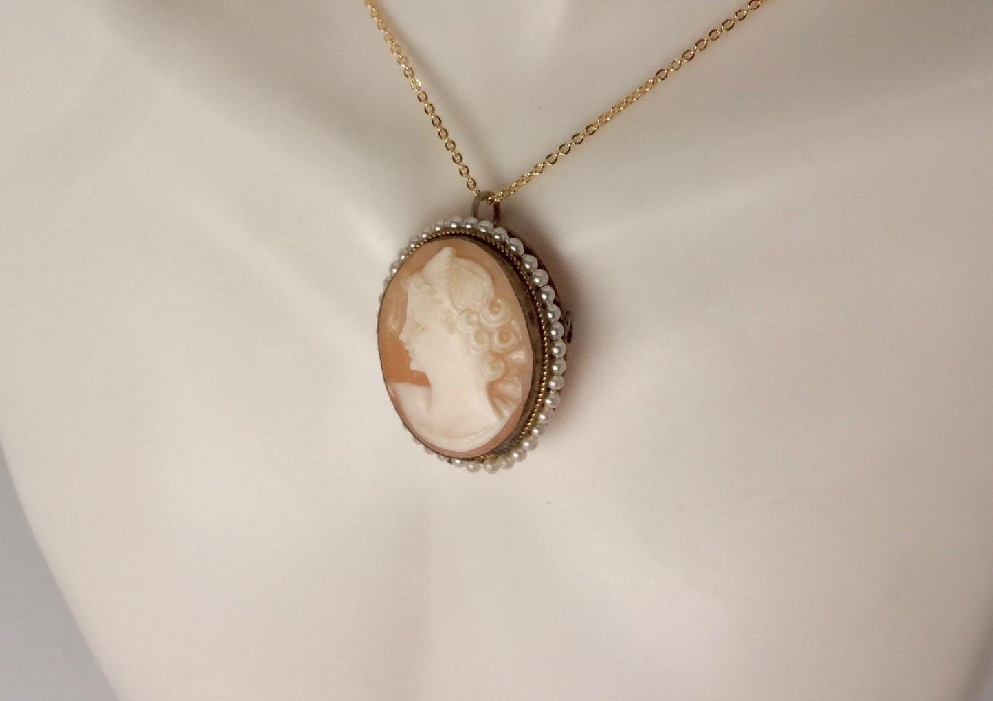 Vintage Shell Cameo Gold Fill Necklace Choker Pin Brooch