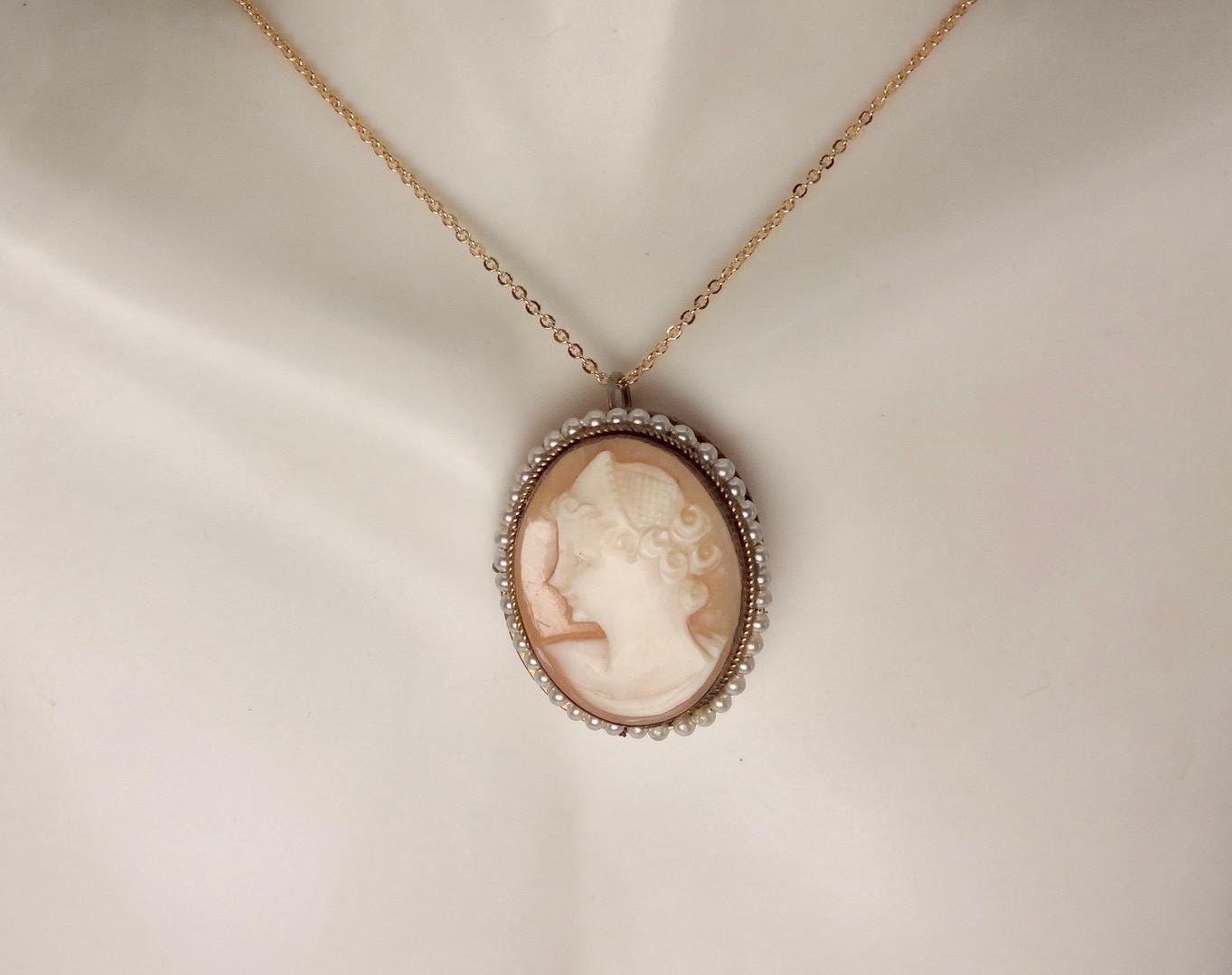 Vintage Shell Cameo Gold Fill Necklace Choker Pin Brooch