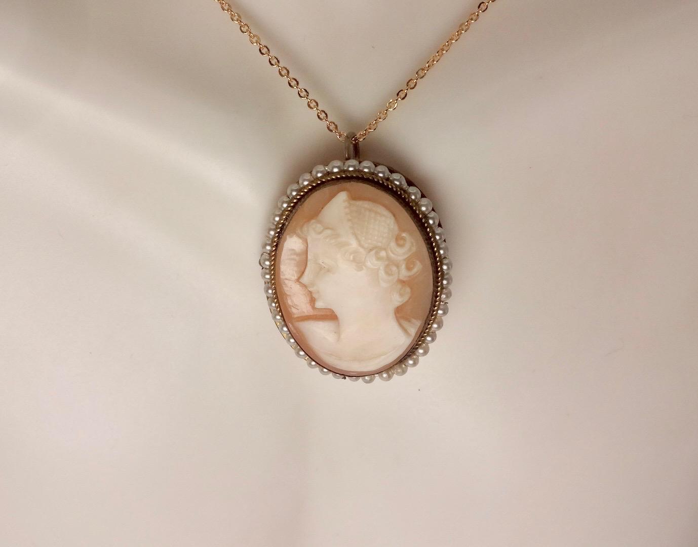 Vintage Shell Cameo Gold Fill Necklace Choker Pin Brooch