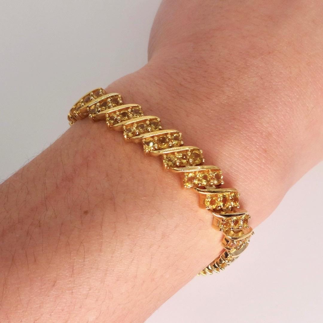 Vintage Gold Citrine Bracelet Deco 925 Sterling Silver Tennis