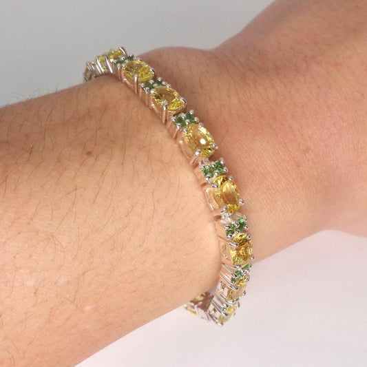 Vintage Handmade Genuine Golden Lemon Quartz Green Chrome Diopside 925 Sterling Silver Tennis Bracelet