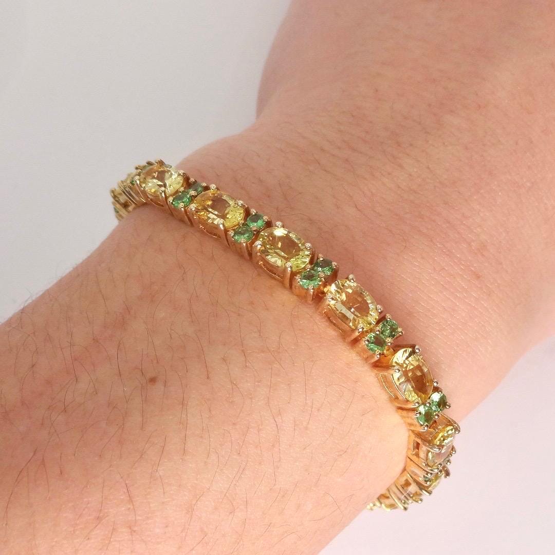 Vintage Handmade Genuine Golden Lemon Quartz Green Chrome Diopside 925 Sterling Silver Tennis Bracelet