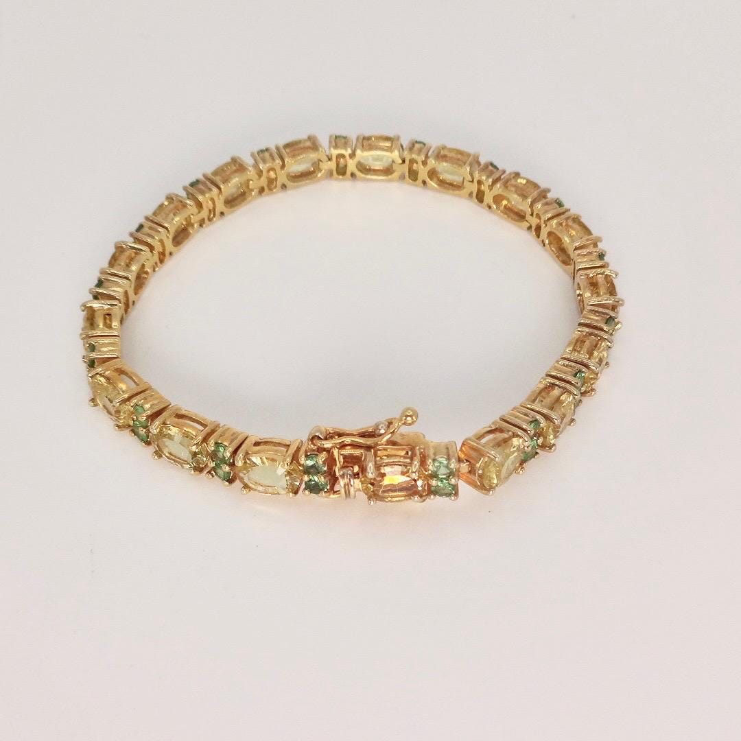 Vintage Handmade Genuine Golden Lemon Quartz Green Chrome Diopside 925 Sterling Silver Tennis Bracelet