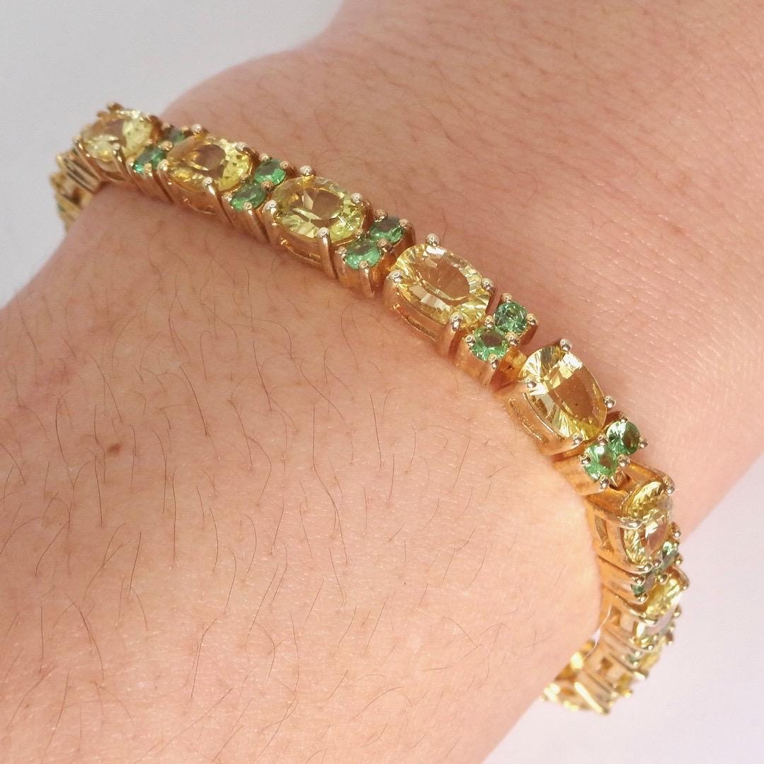 Vintage Handmade Genuine Golden Lemon Quartz Green Chrome Diopside 925 Sterling Silver Tennis Bracelet