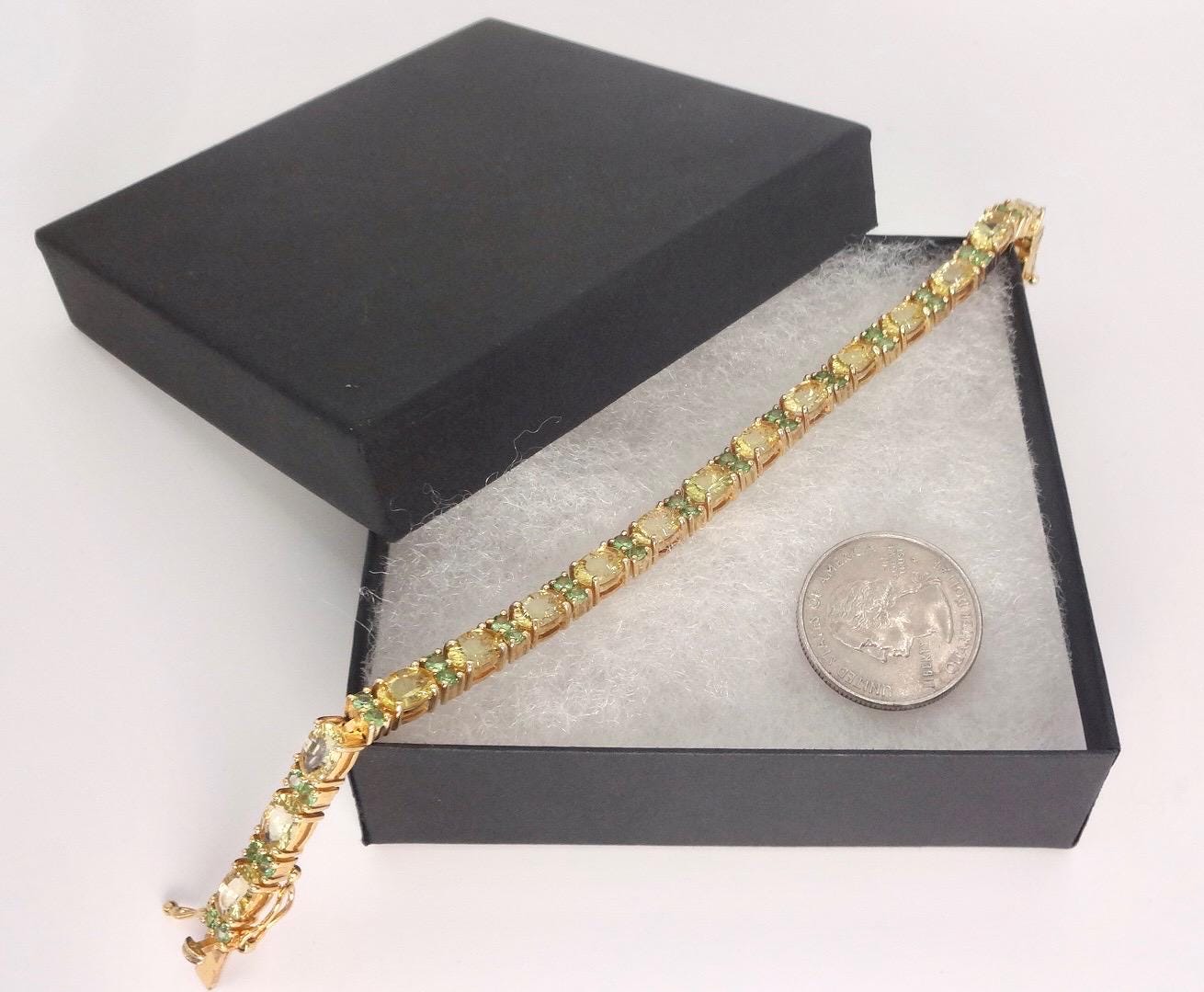 Vintage Handmade Genuine Golden Lemon Quartz Green Chrome Diopside 925 Sterling Silver Tennis Bracelet