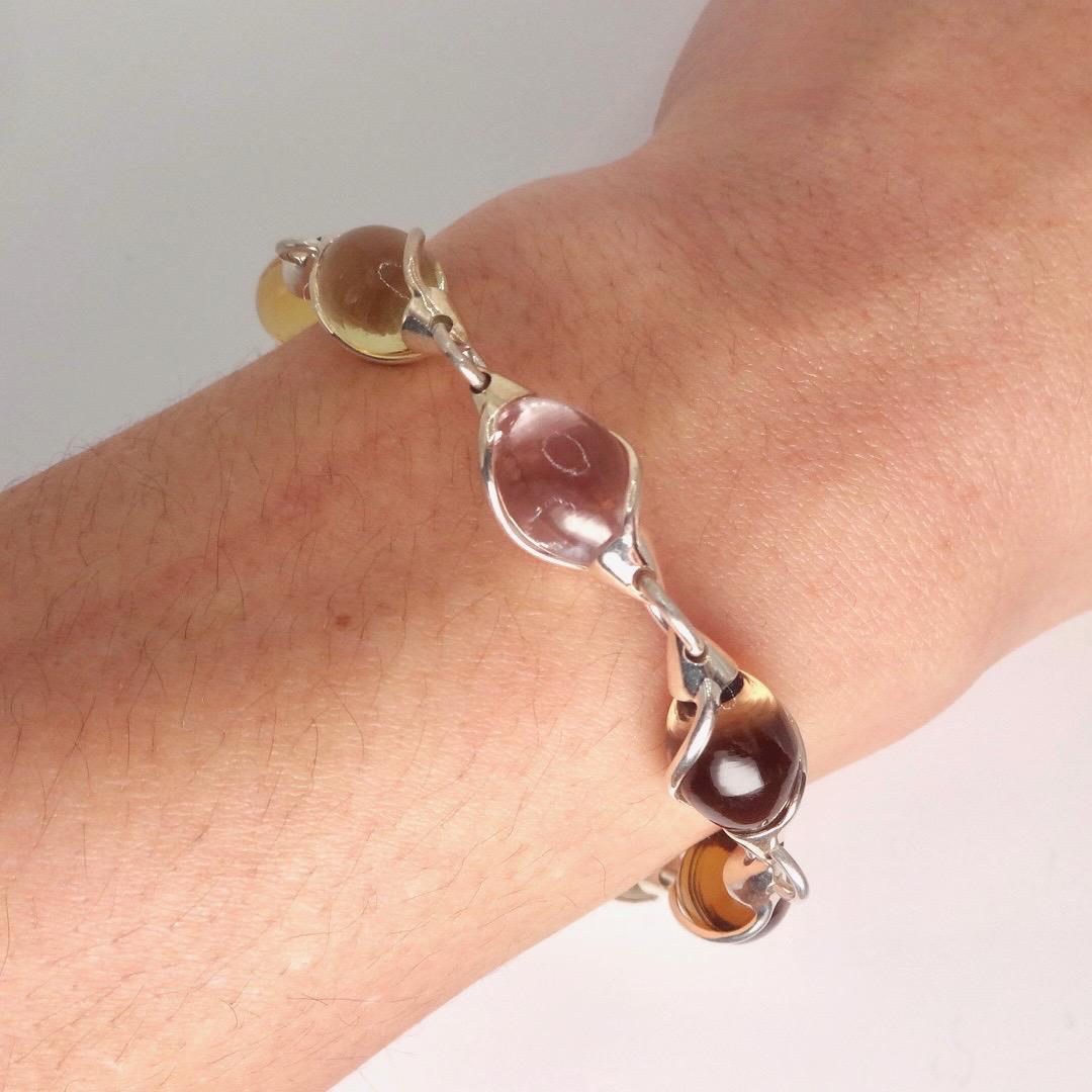 Vintage Handmade Mosaic Genuine Golden Citrine tonal Smoky Topaz 925 Sterling Silver Tennis Bracelet