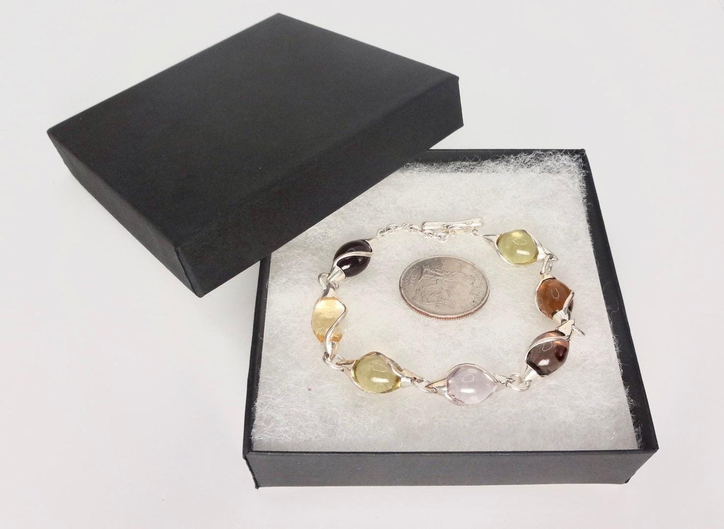 Vintage Handmade Mosaic Genuine Golden Citrine tonal Smoky Topaz 925 Sterling Silver Tennis Bracelet