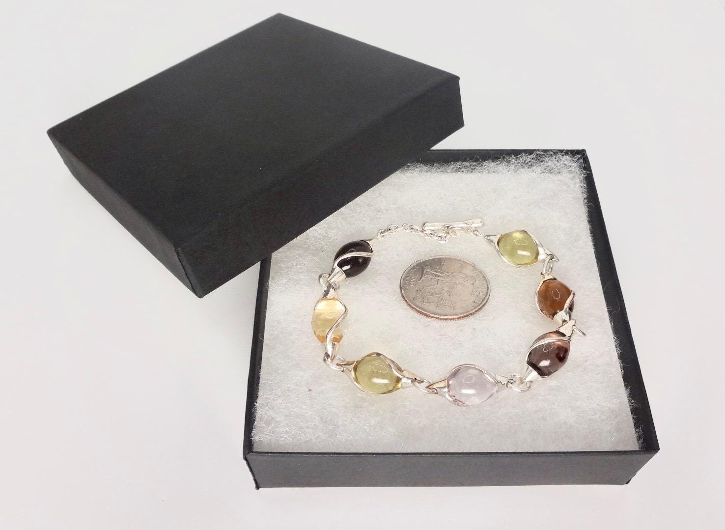 Vintage Handmade Mosaic Genuine Golden Citrine tonal Smoky Topaz 925 Sterling Silver Tennis Bracelet