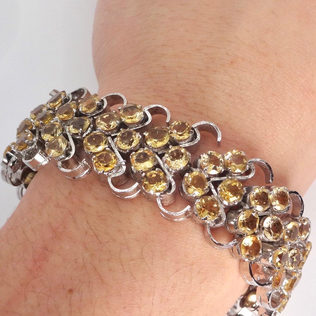 Vintage Gold Citrine Statement Bracelet Deco 925 Sterling Silver Chunky Tennis