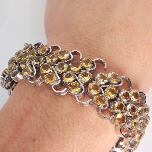 Vintage Gold Citrine Statement Bracelet Deco 925 Sterling Silver Chunky Tennis