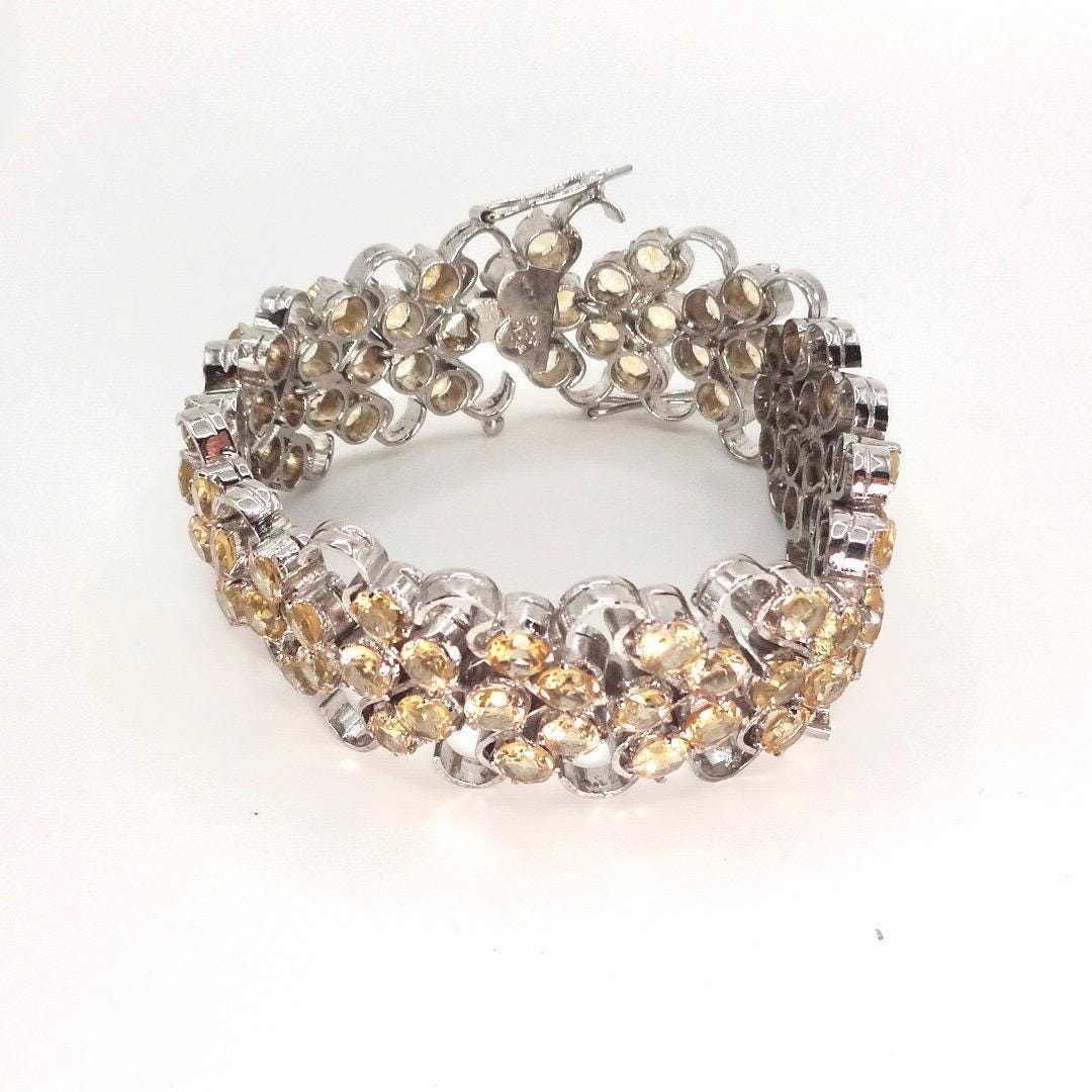 Vintage Gold Citrine Statement Bracelet Deco 925 Sterling Silver Chunky Tennis